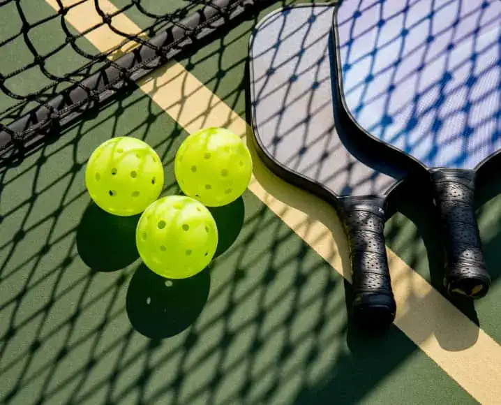 Pickleball paddles and balls on a sunlit court
